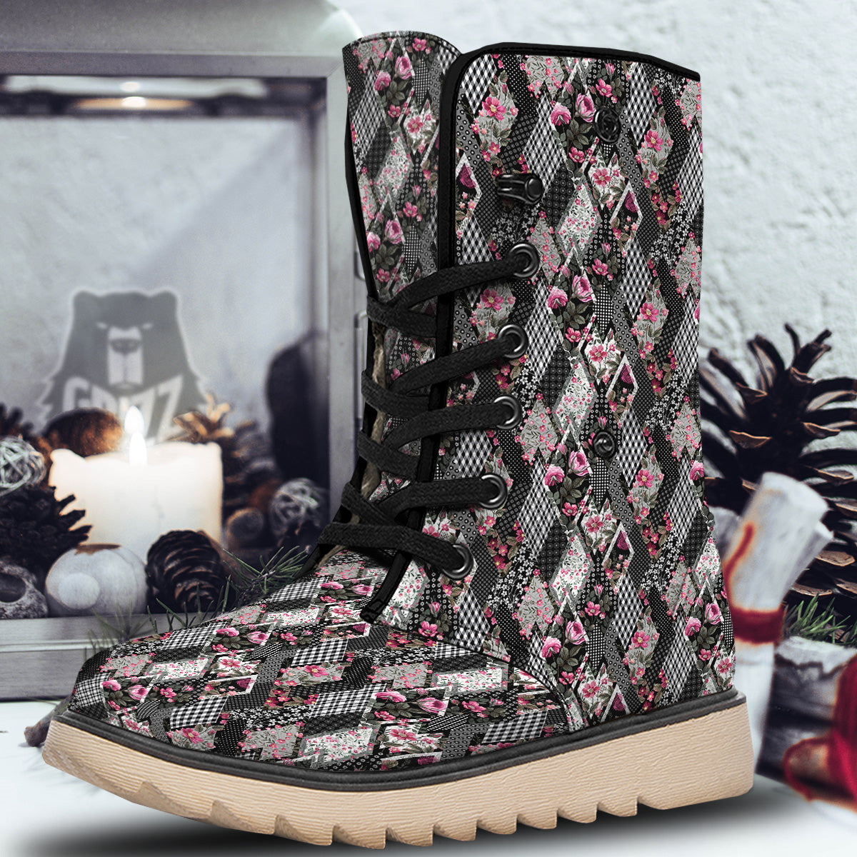 Patchwork Floral Black Pink Print Pattern Snow Boots-grizzshop