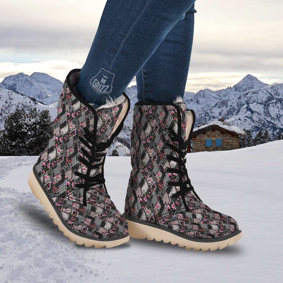 Patchwork Floral Black Pink Print Pattern Snow Boots-grizzshop