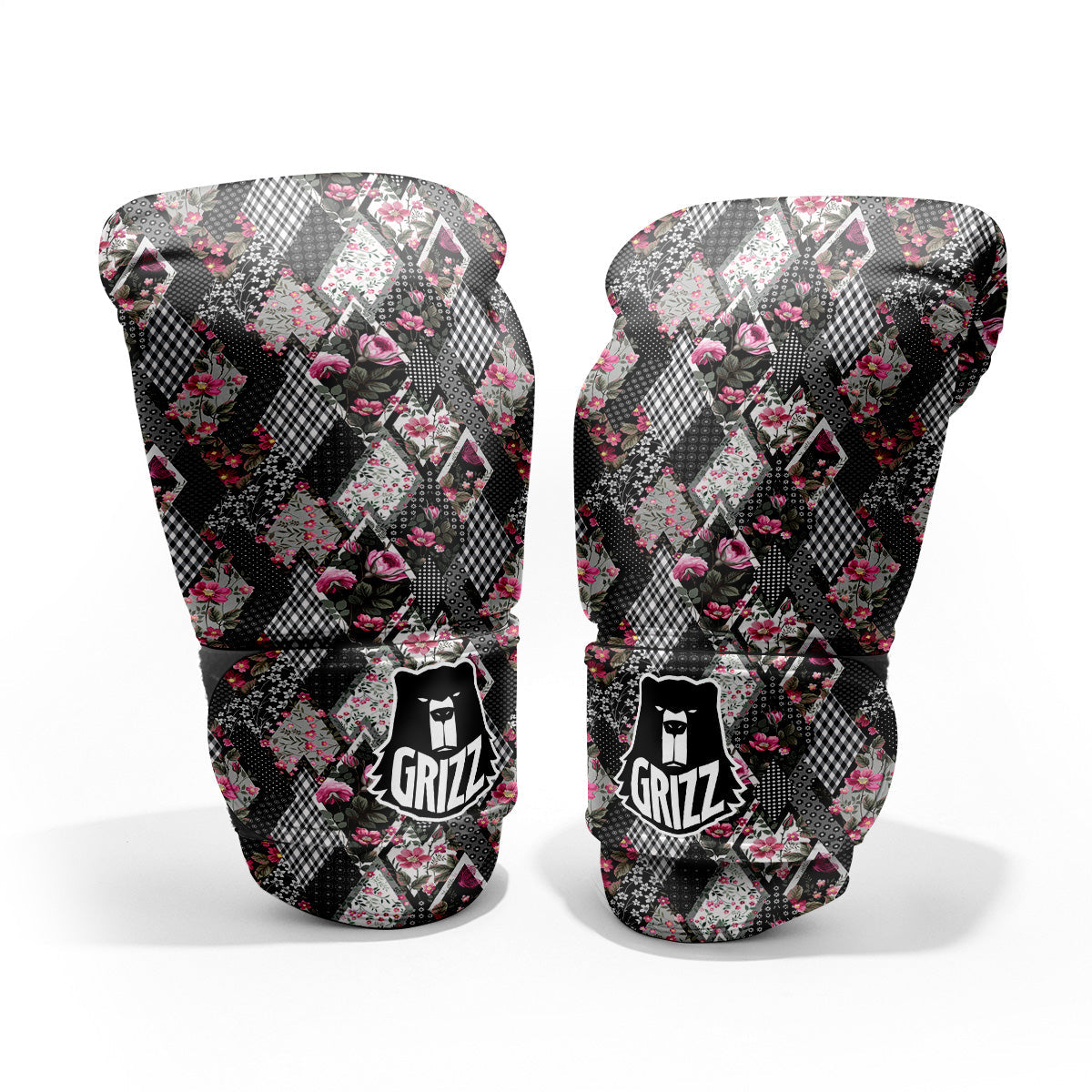Patchwork Floral Black Pink Print Pattern Pro Boxing Glove
