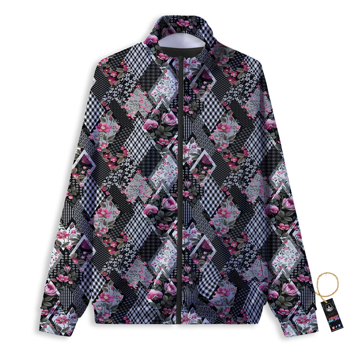 Patchwork Floral Black Pink Print Pattern Track Jacket-grizzshop