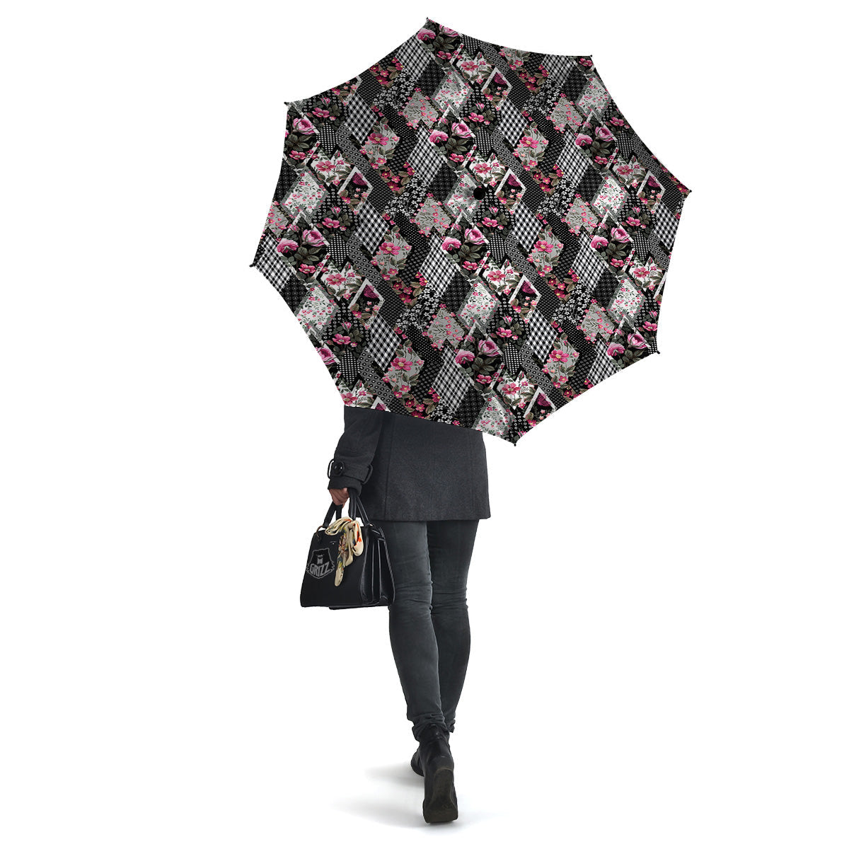 Patchwork Floral Black Pink Print Pattern Umbrella-grizzshop