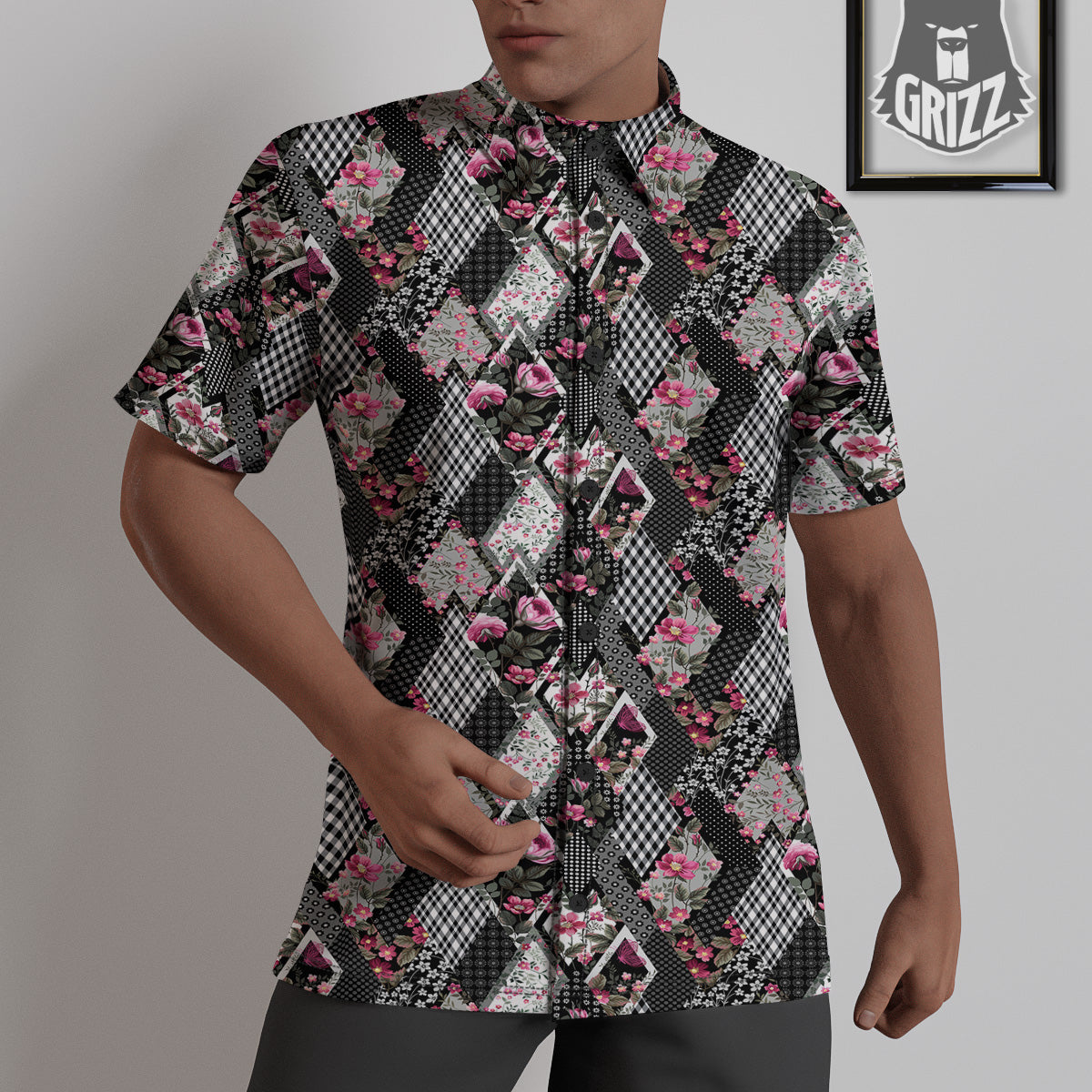 Patchwork Floral Black Pink Print Pattern Untucked Shirts-grizzshop