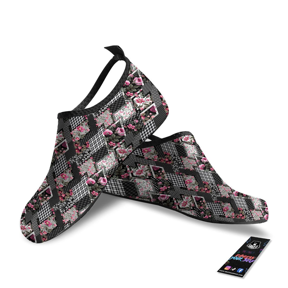 Patchwork Floral Black Pink Print Pattern Water Shoes-grizzshop