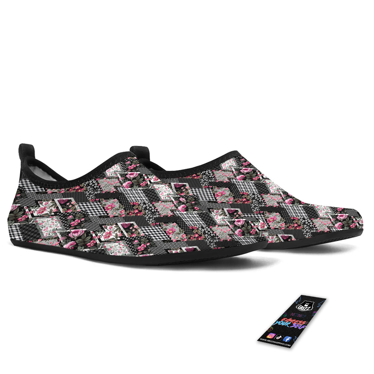 Patchwork Floral Black Pink Print Pattern Water Shoes-grizzshop