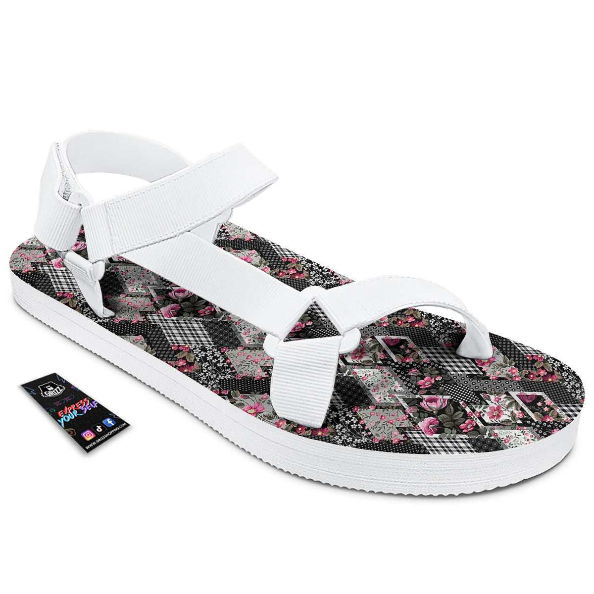 Patchwork Floral Black Pink Print Pattern White Open Toe Sandals-grizzshop