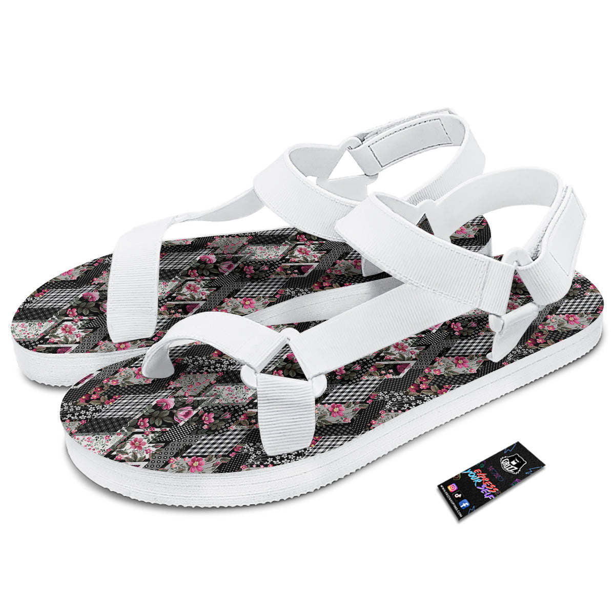 Patchwork Floral Black Pink Print Pattern White Open Toe Sandals-grizzshop