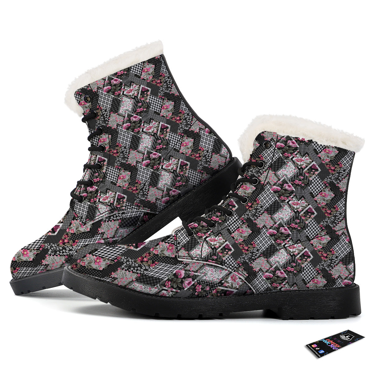 Patchwork Floral Black Pink Print Pattern Winter Boots-grizzshop