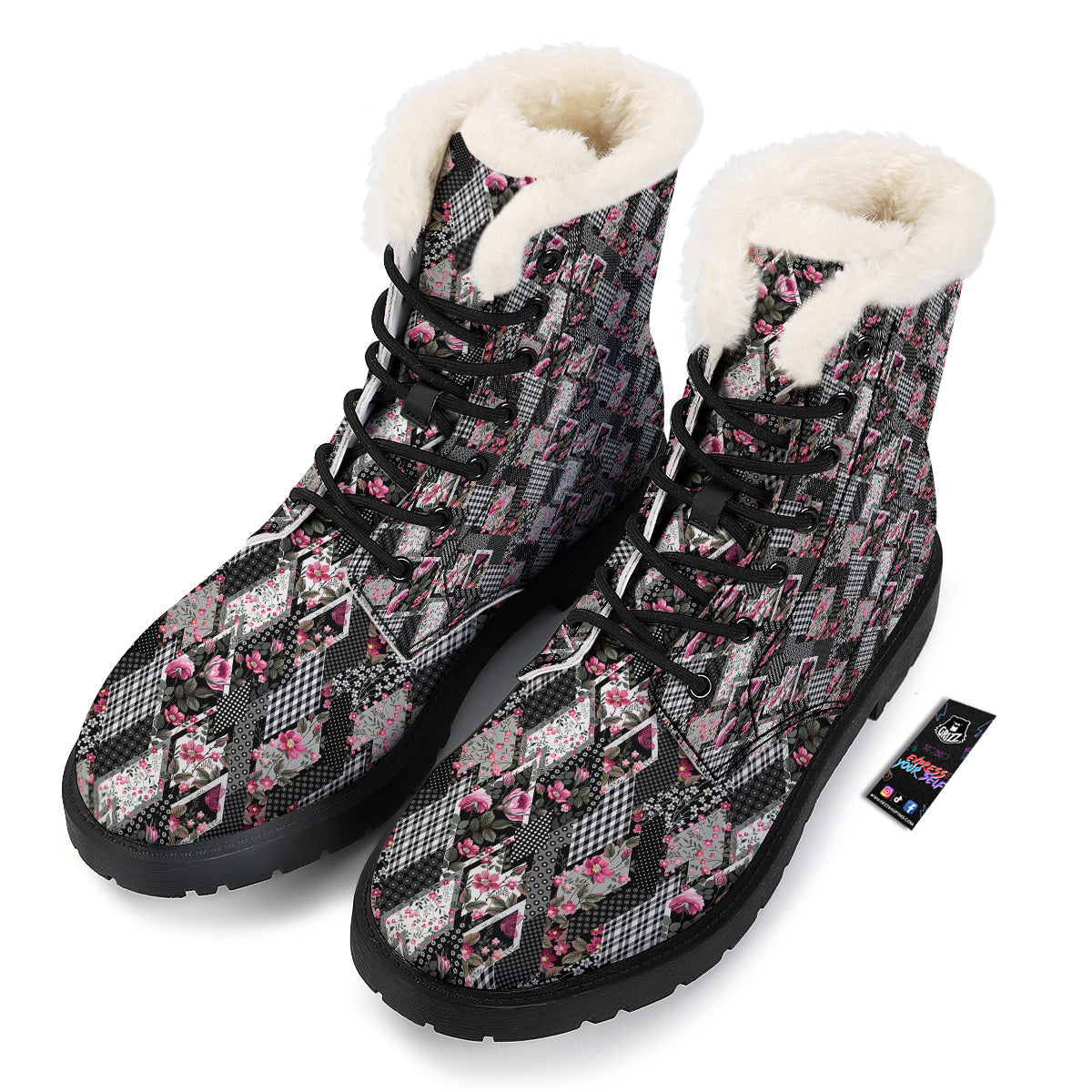 Patchwork Floral Black Pink Print Pattern Winter Boots-grizzshop