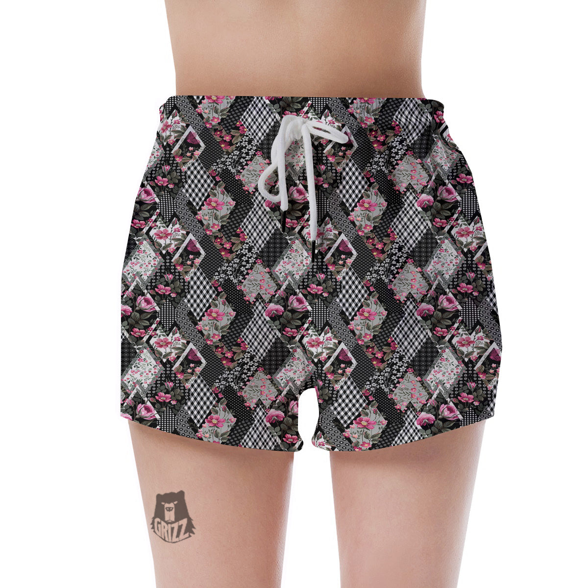 Patchwork Floral Black Pink Print Pattern Women's Shorts-grizzshop
