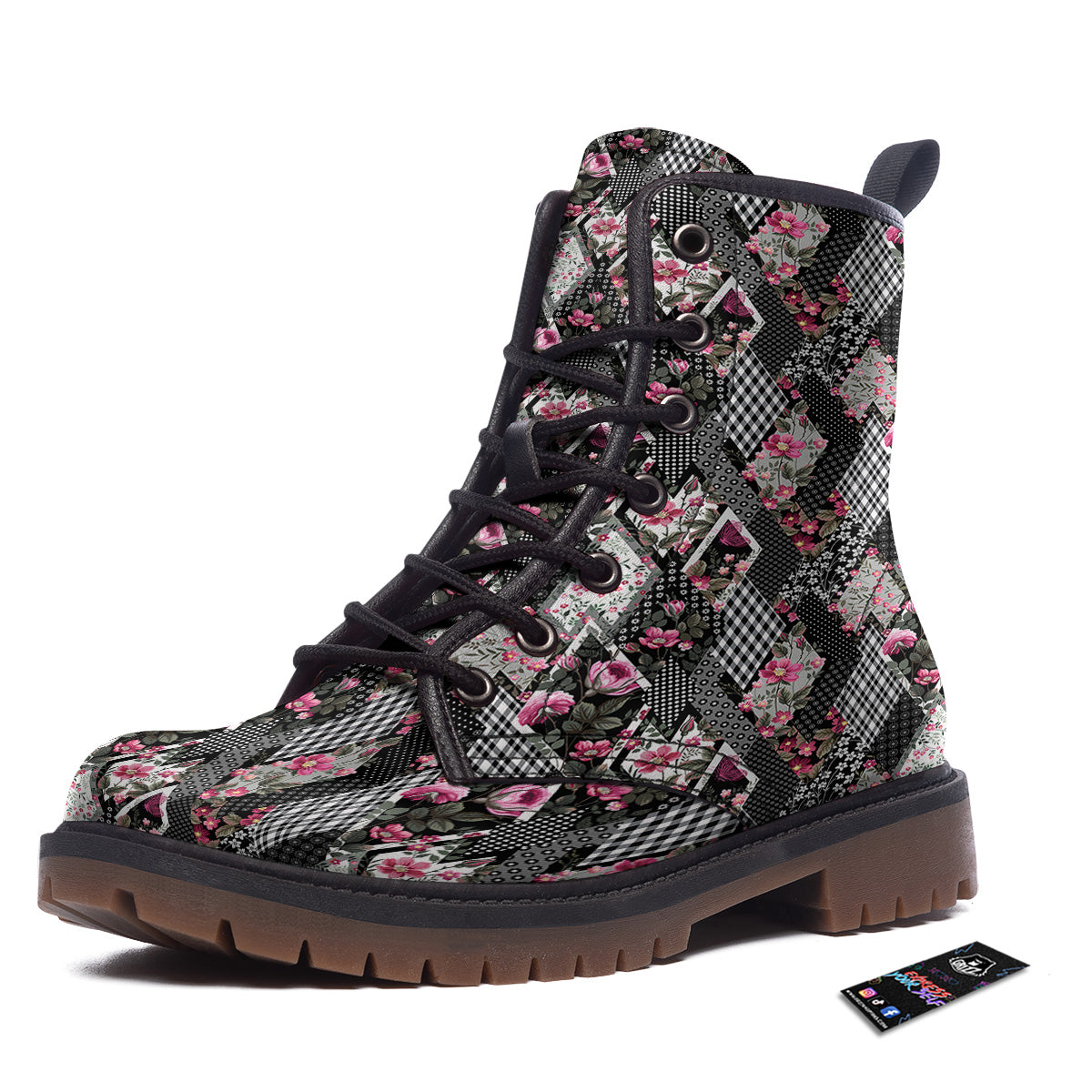 Patchwork Floral Black Pink Print Pattern Work Boots-grizzshop