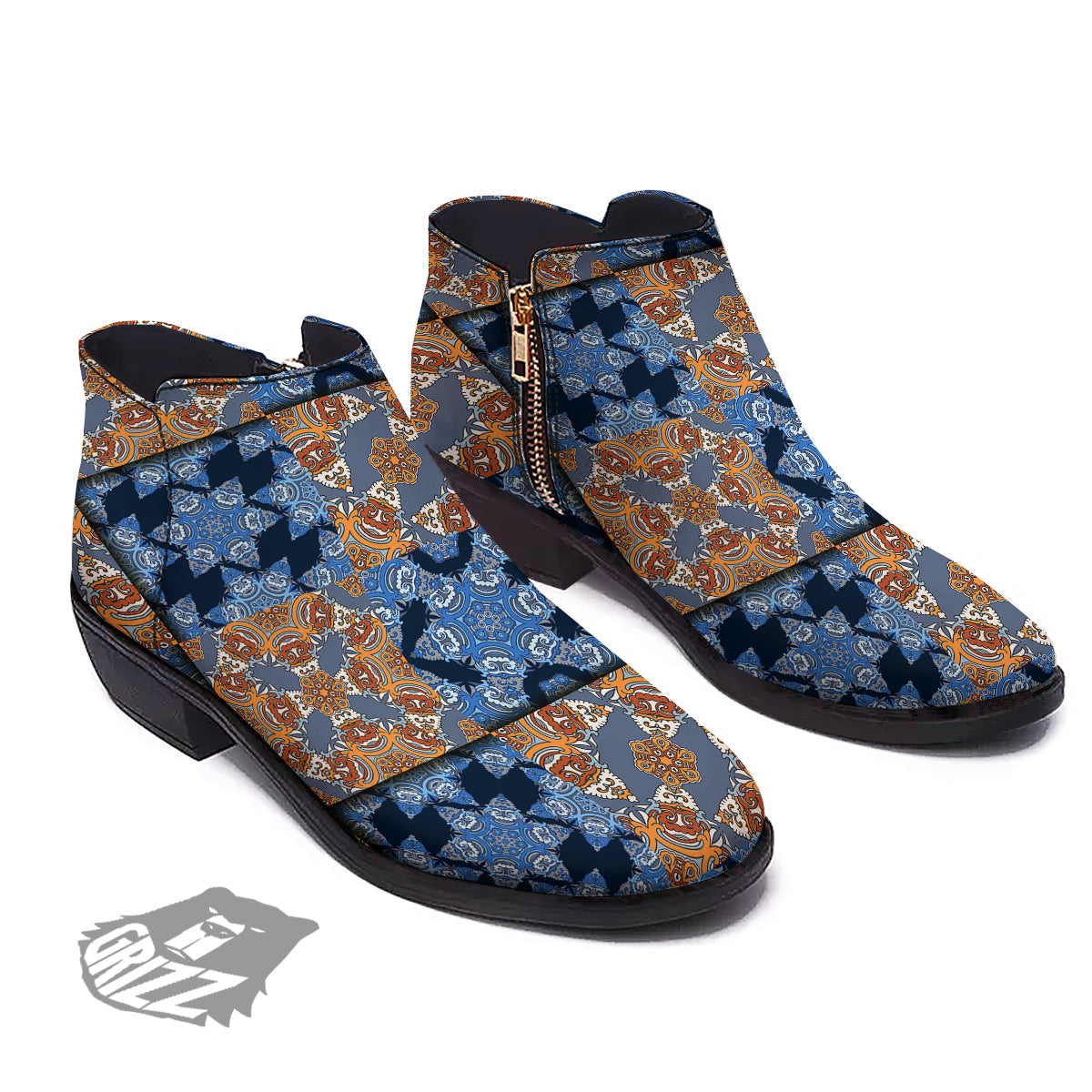 Patchwork Floral Vintage Print Pattern Ankle Boots-grizzshop
