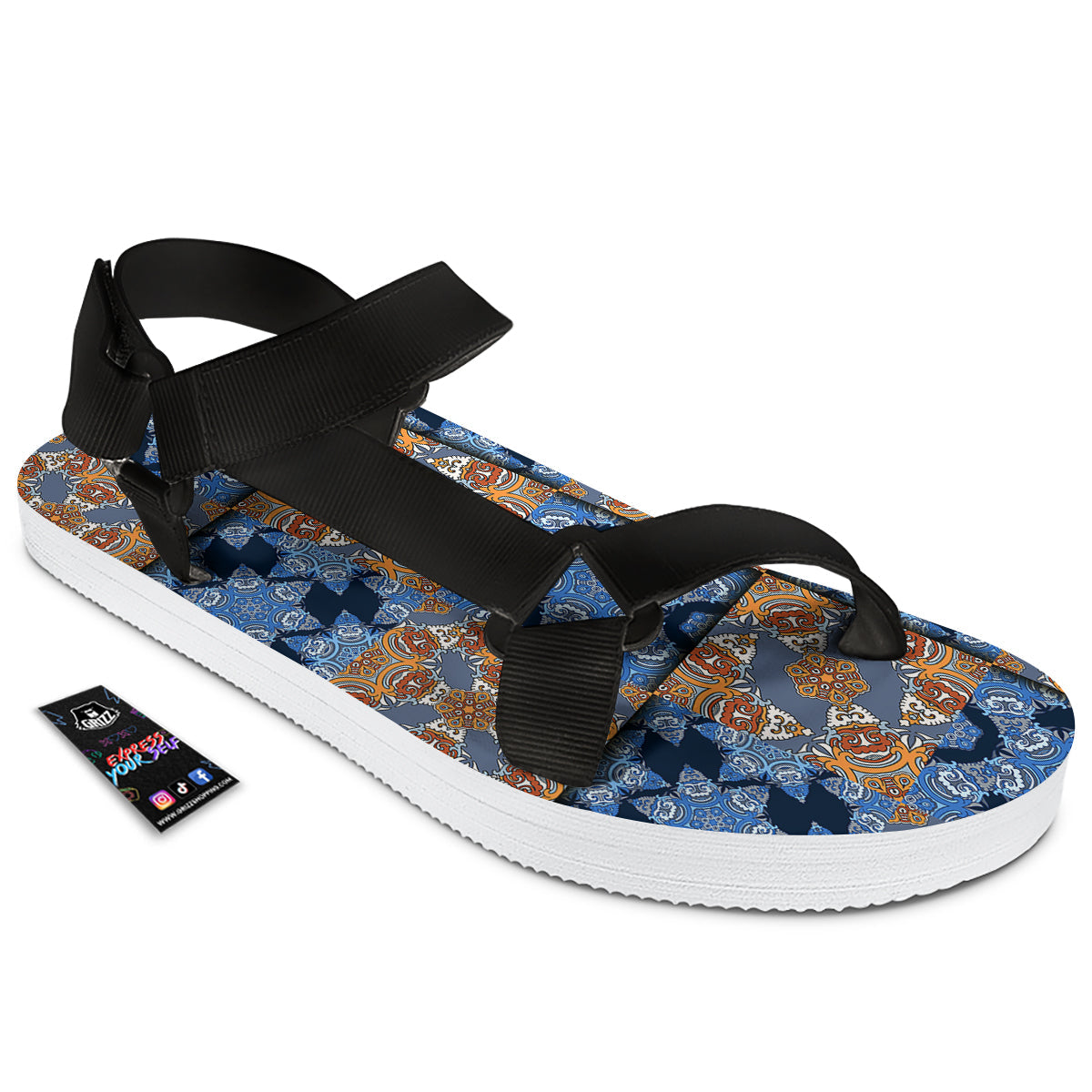 Patchwork Floral Vintage Print Pattern Black Open Toe Sandals-grizzshop