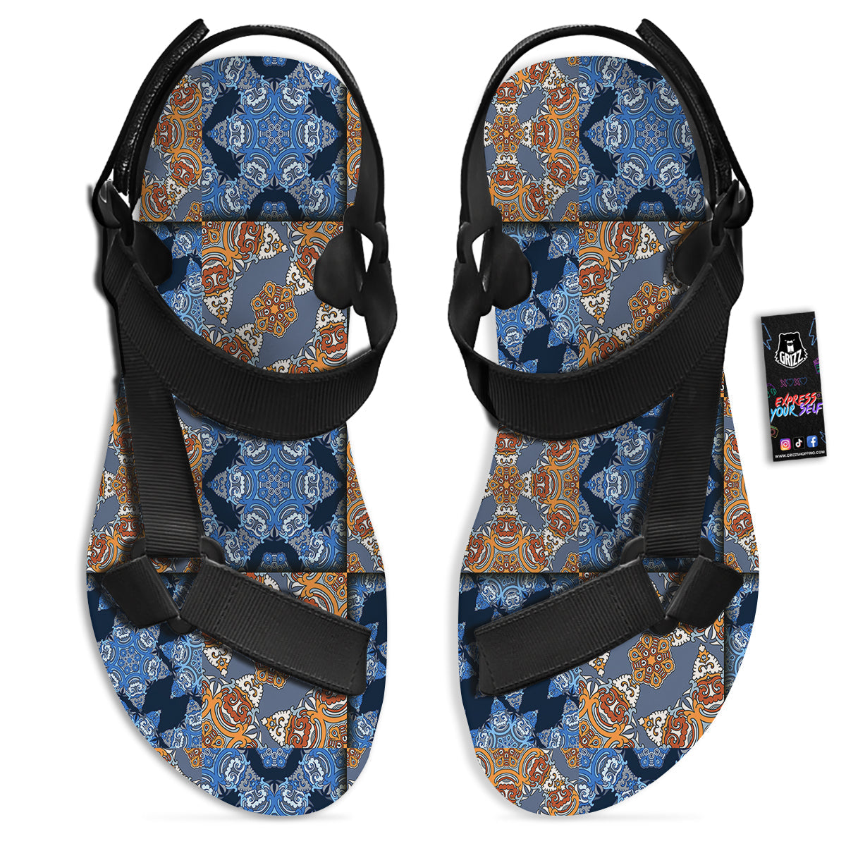 Patchwork Floral Vintage Print Pattern Black Open Toe Sandals-grizzshop