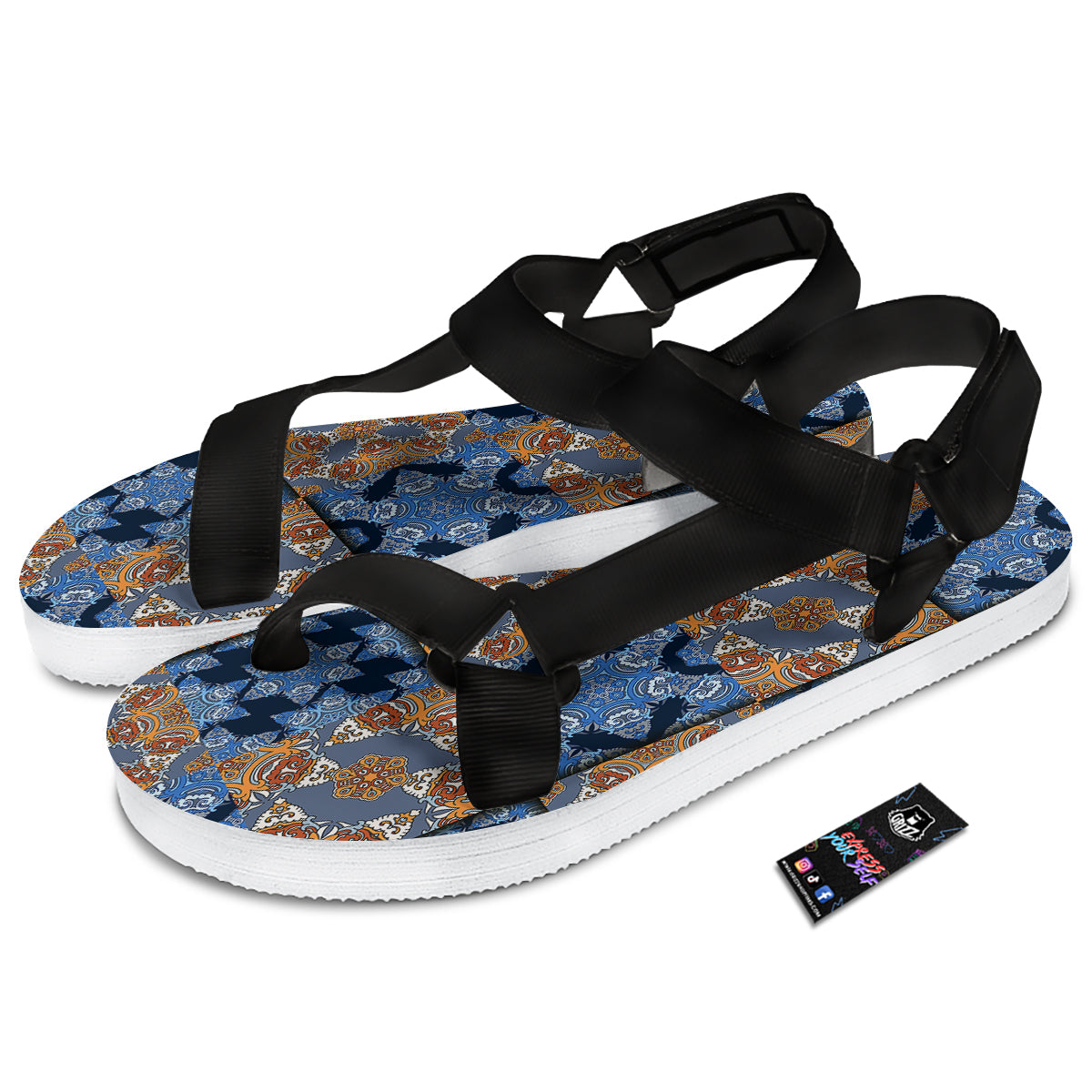 Patchwork Floral Vintage Print Pattern Black Open Toe Sandals-grizzshop