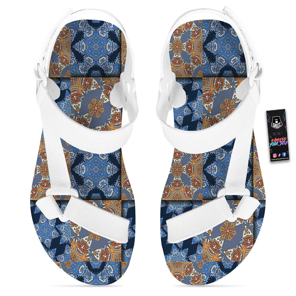Patchwork Floral Vintage Print Pattern White Open Toe Sandals-grizzshop
