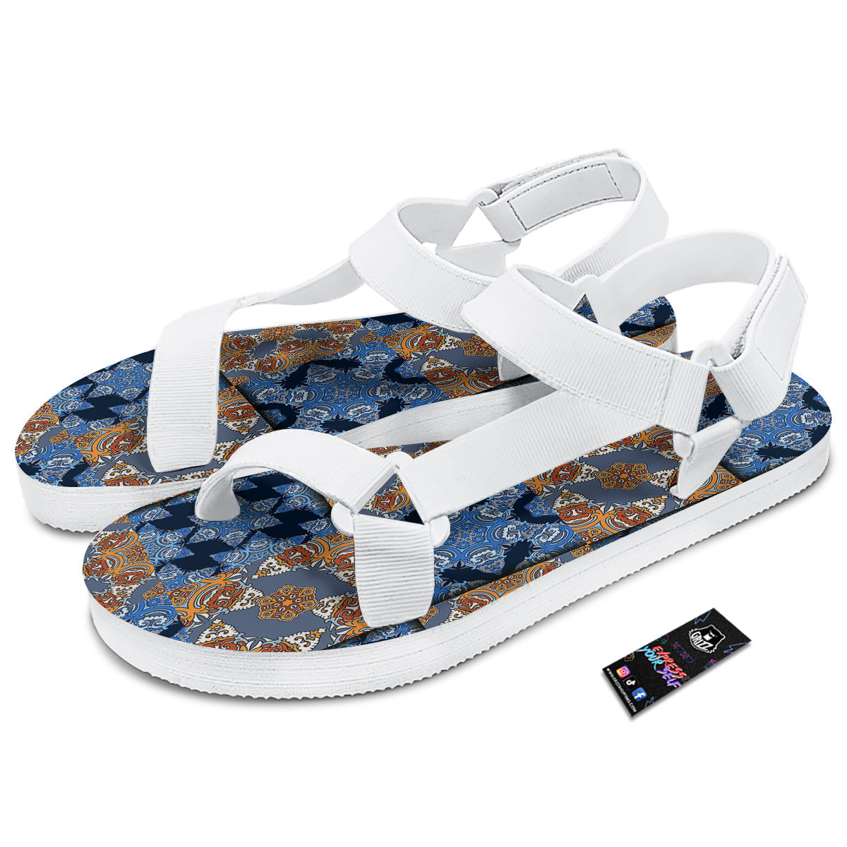Patchwork Floral Vintage Print Pattern White Open Toe Sandals-grizzshop
