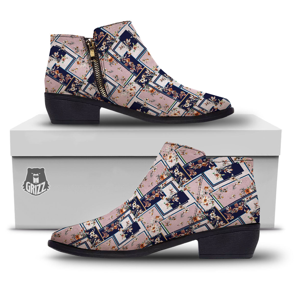 Patchwork Flower Vintage Print Pattern Ankle Boots-grizzshop