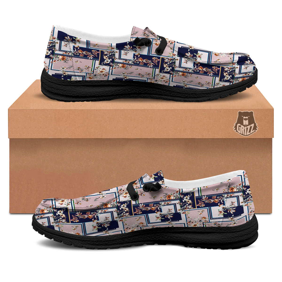 Patchwork Flower Vintage Print Pattern Black Loafers-grizzshop