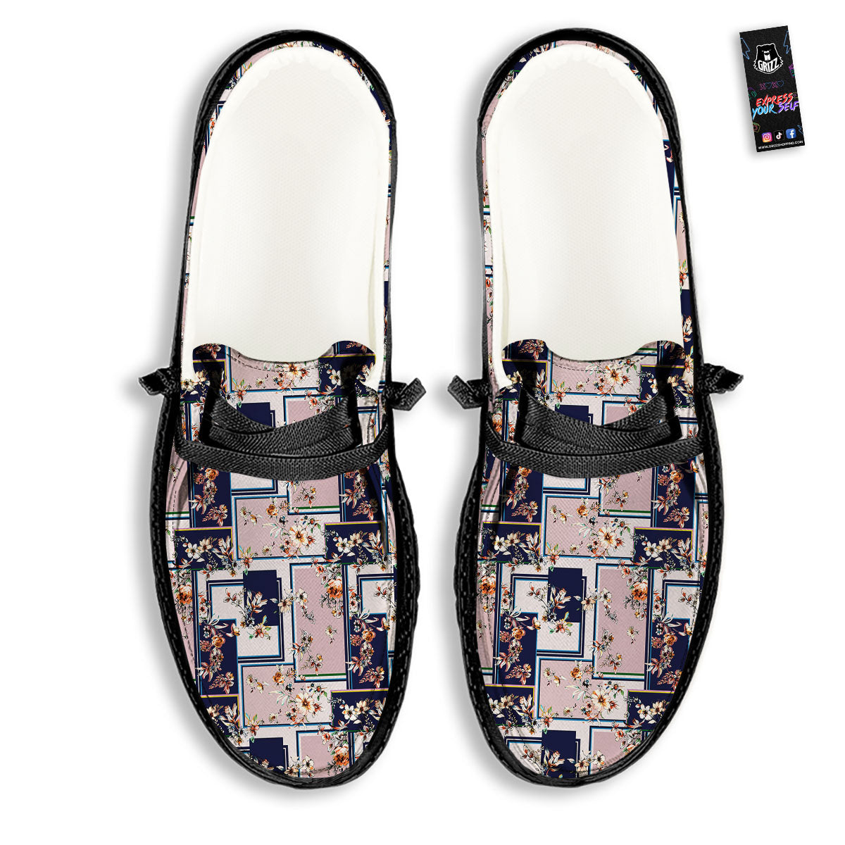 Patchwork Flower Vintage Print Pattern Black Loafers-grizzshop