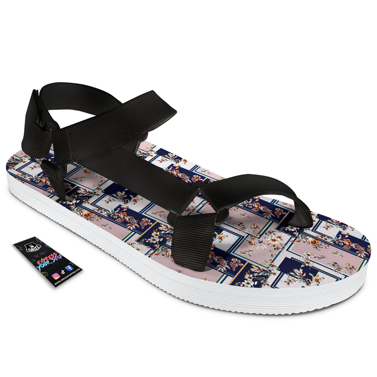 Patchwork Flower Vintage Print Pattern Black Open Toe Sandals-grizzshop