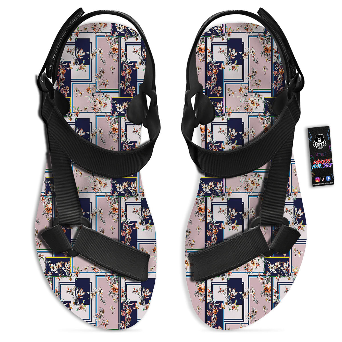 Patchwork Flower Vintage Print Pattern Black Open Toe Sandals-grizzshop