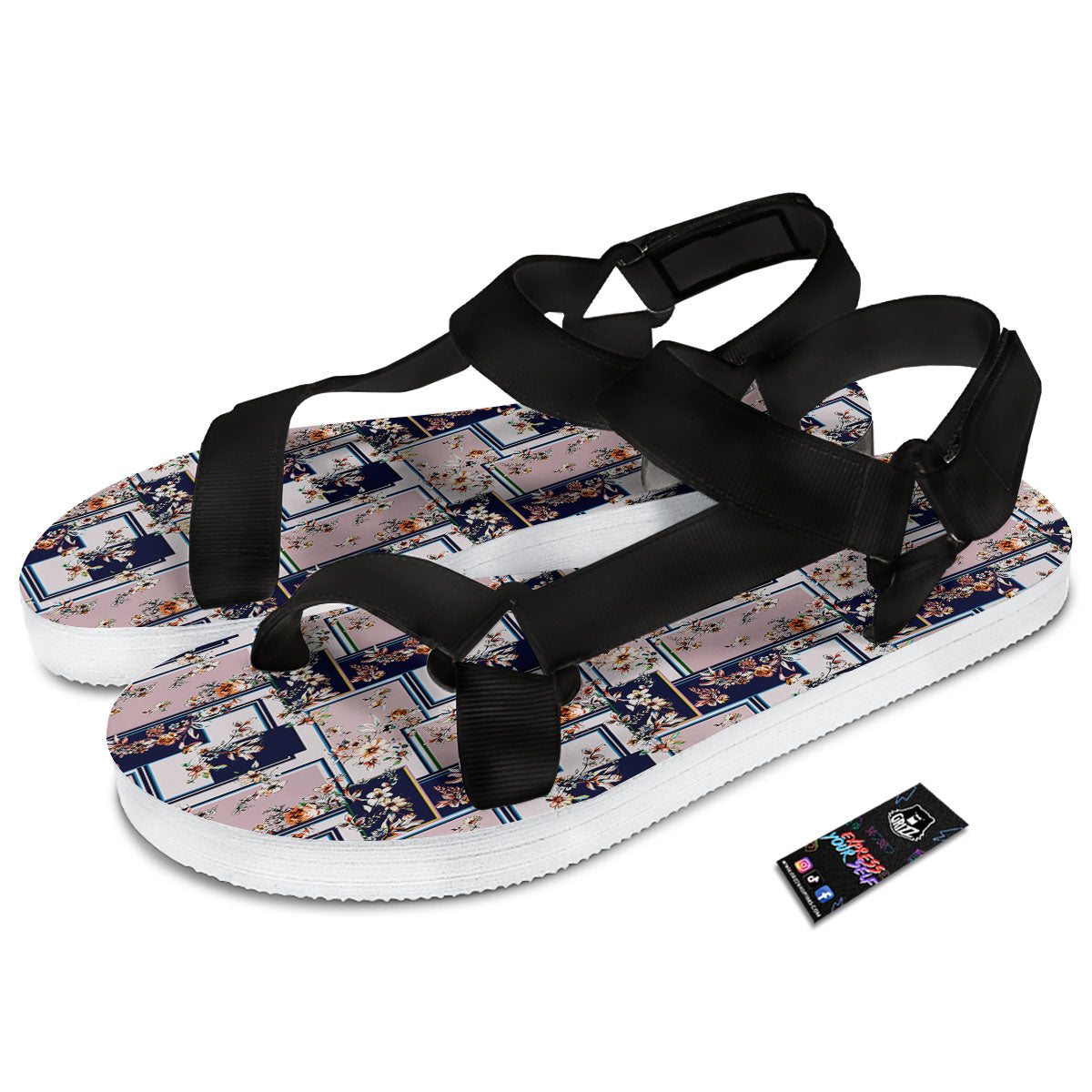 Patchwork Flower Vintage Print Pattern Black Open Toe Sandals-grizzshop