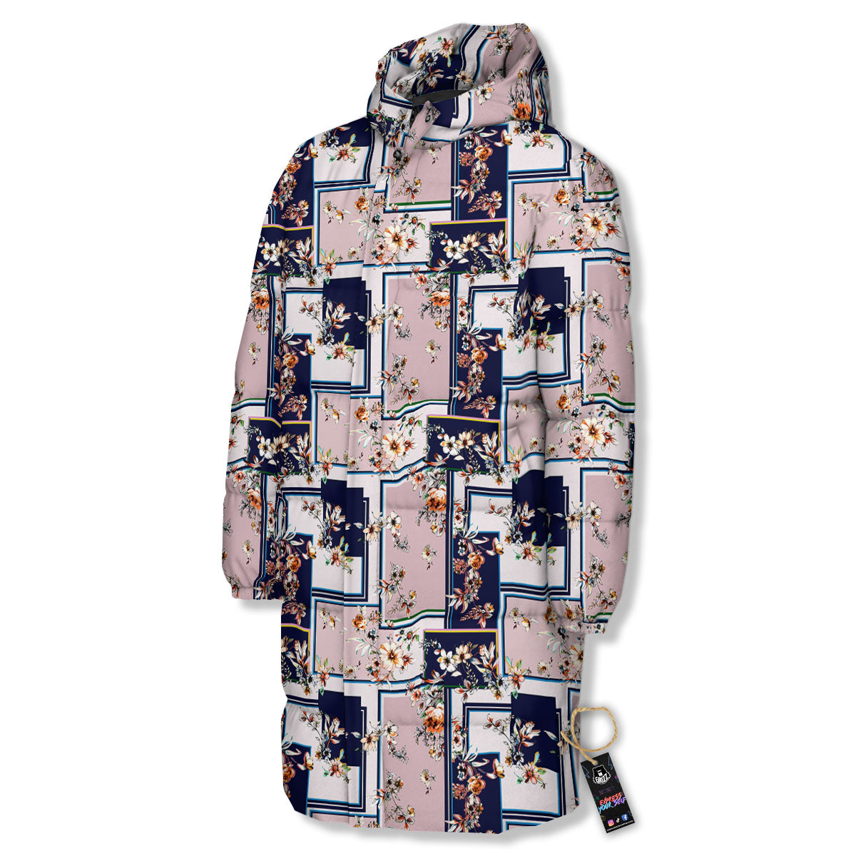 Patchwork Flower Vintage Print Pattern Long Down Jacket-grizzshop