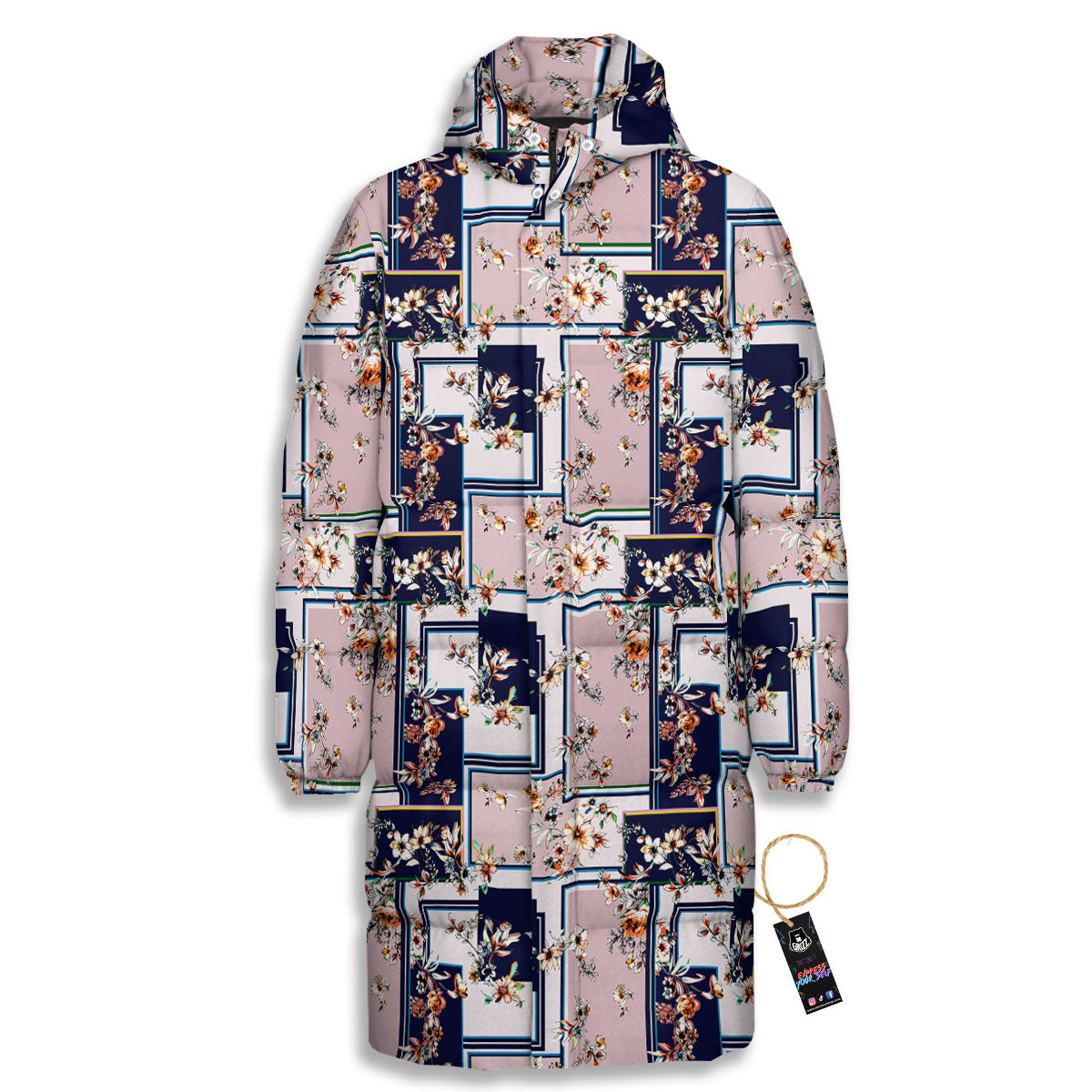 Patchwork Flower Vintage Print Pattern Long Down Jacket-grizzshop
