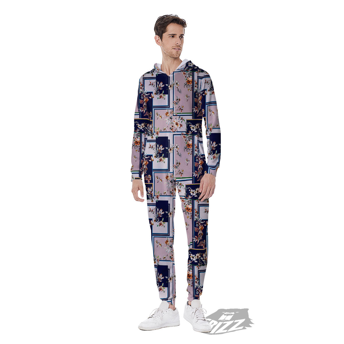 Patchwork Flower Vintage Print Pattern Men's Jumpsuit-grizzshop