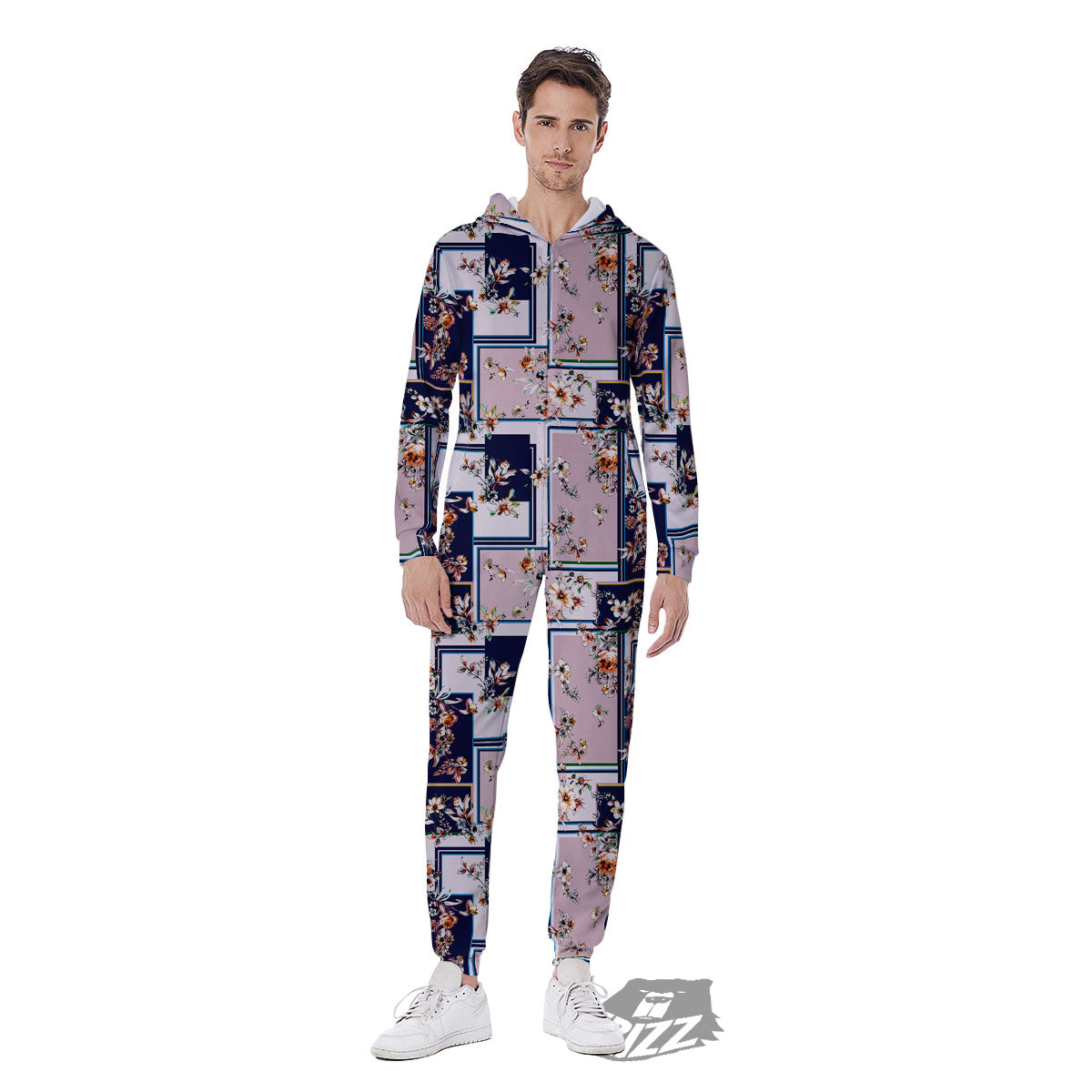 Patchwork Flower Vintage Print Pattern Men's Jumpsuit-grizzshop