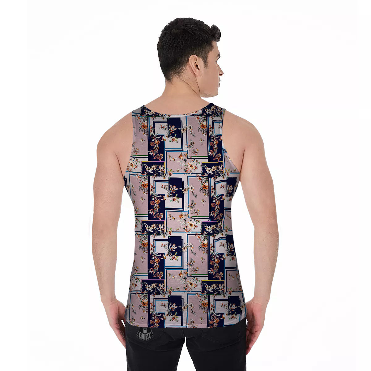Patchwork Flower Vintage Print Pattern Men's Tank Top-grizzshop