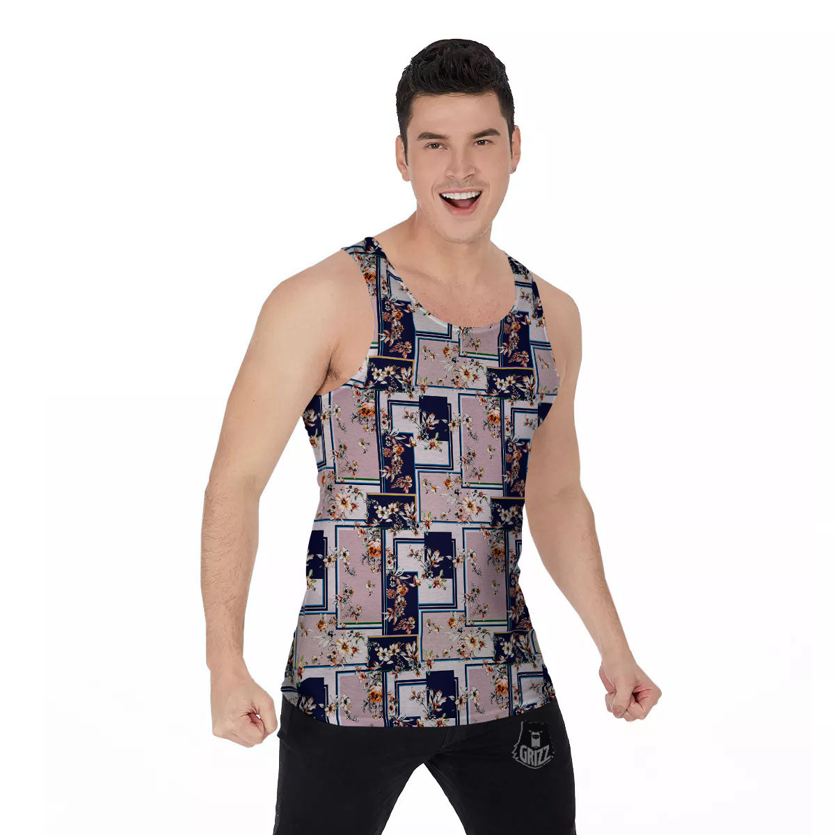 Patchwork Flower Vintage Print Pattern Men's Tank Top-grizzshop
