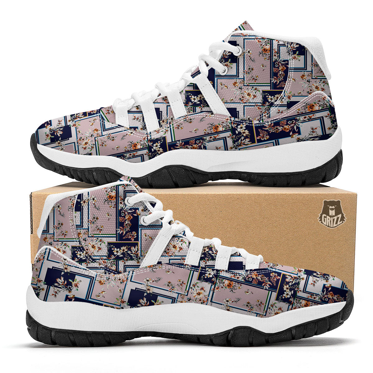 Patchwork Flower Vintage Print Pattern White Bball Shoes-grizzshop