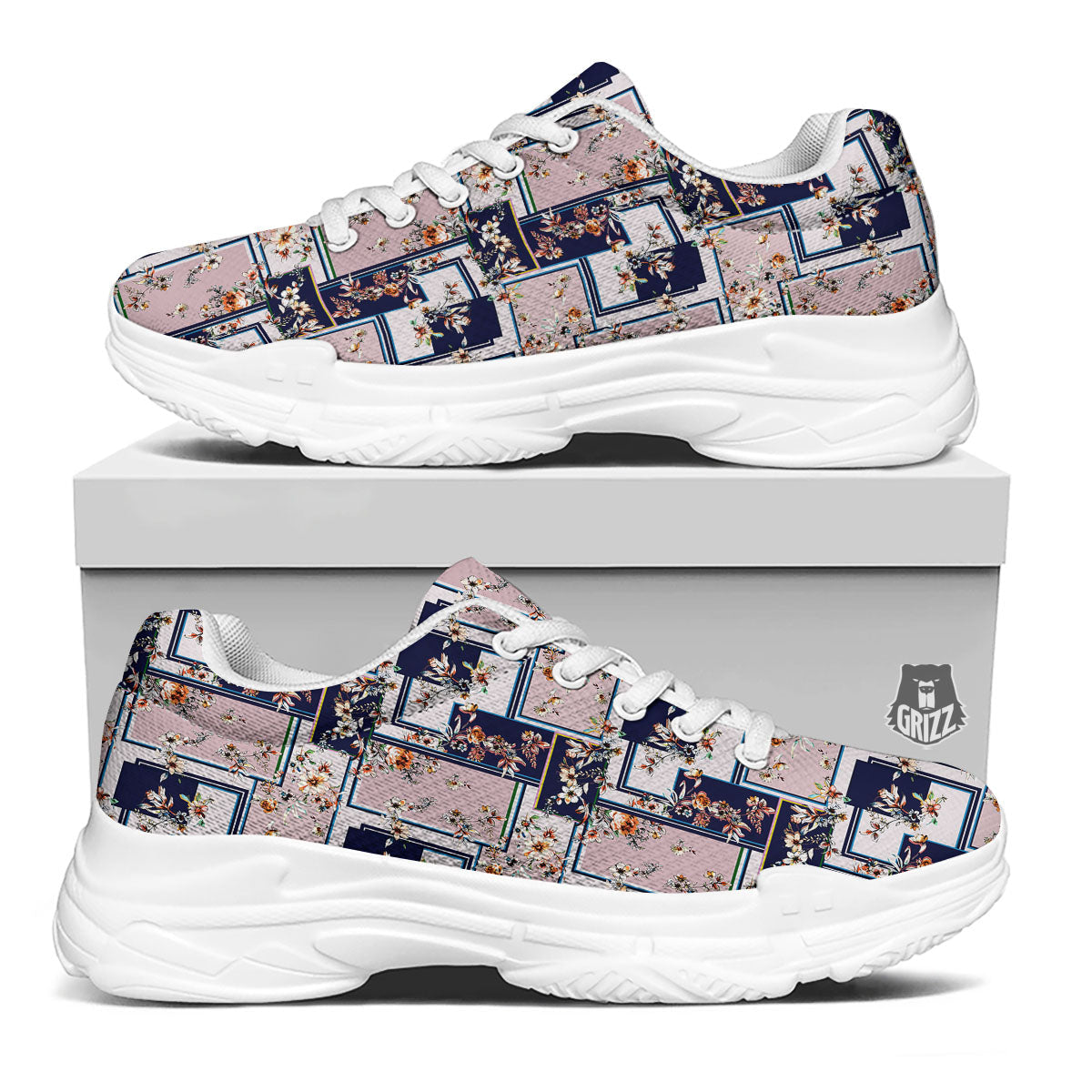 Patchwork Flower Vintage Print Pattern White Chunky Shoes-grizzshop