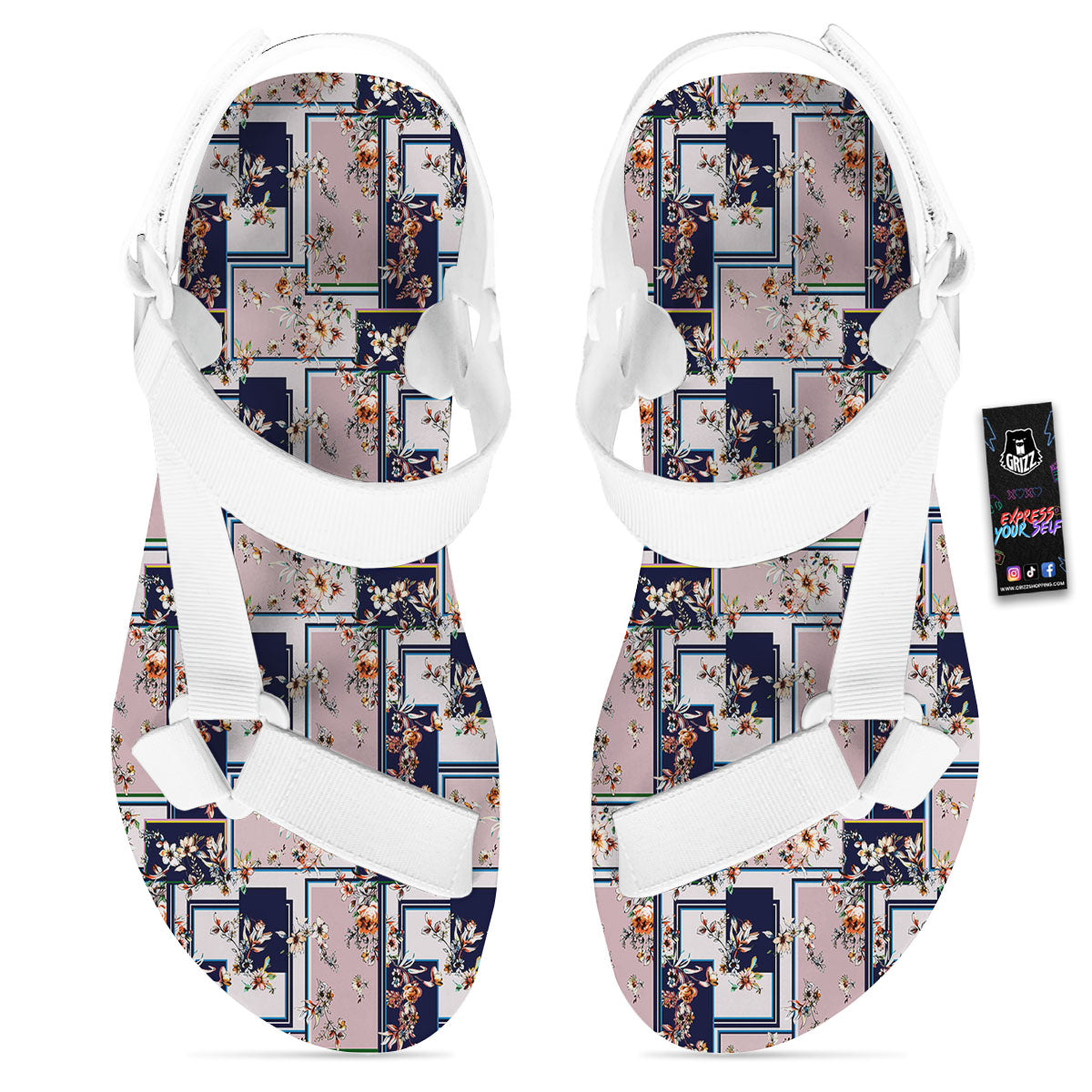 Patchwork Flower Vintage Print Pattern White Open Toe Sandals-grizzshop