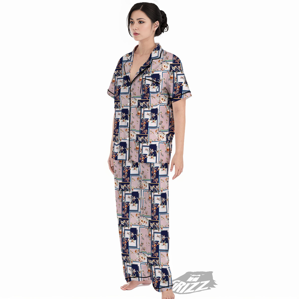 Patchwork Flower Vintage Print Pattern Women's Pajamas Set-grizzshop