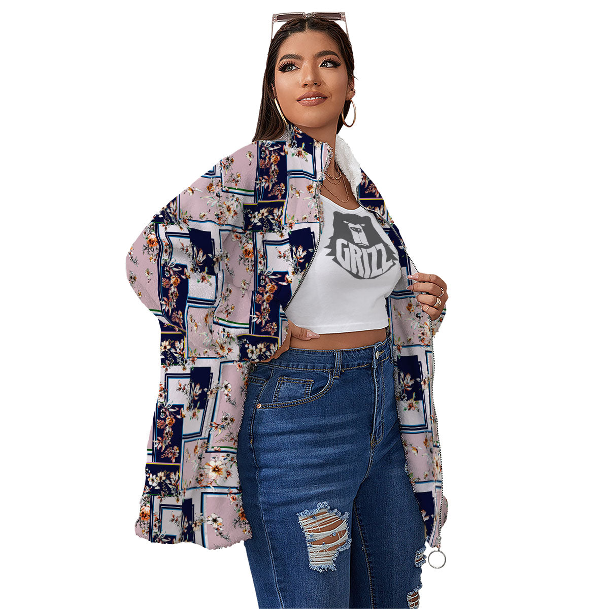Patchwork Flower Vintage Print Pattern Women's Sherpa Jacket-grizzshop