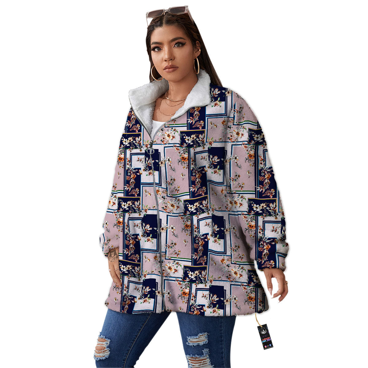 Patchwork Flower Vintage Print Pattern Women's Sherpa Jacket-grizzshop