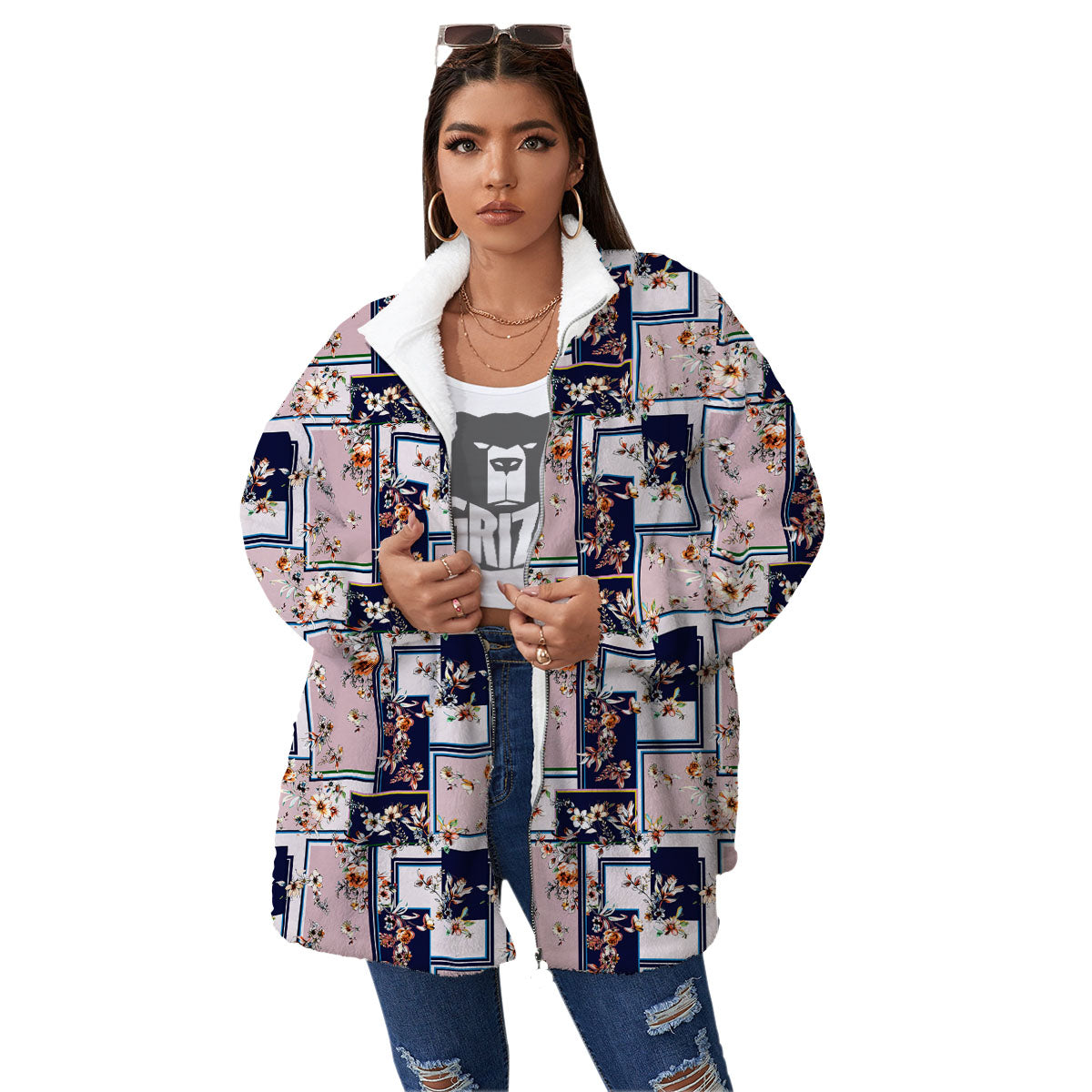 Patchwork Flower Vintage Print Pattern Women's Sherpa Jacket-grizzshop