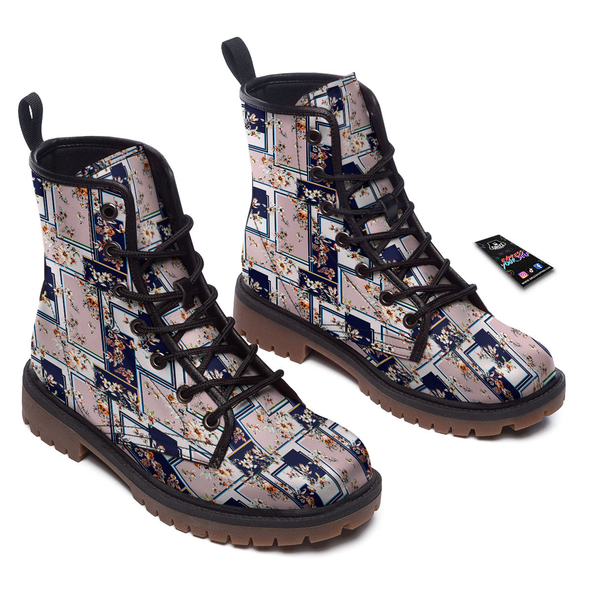 Patchwork Flower Vintage Print Pattern Work Boots-grizzshop
