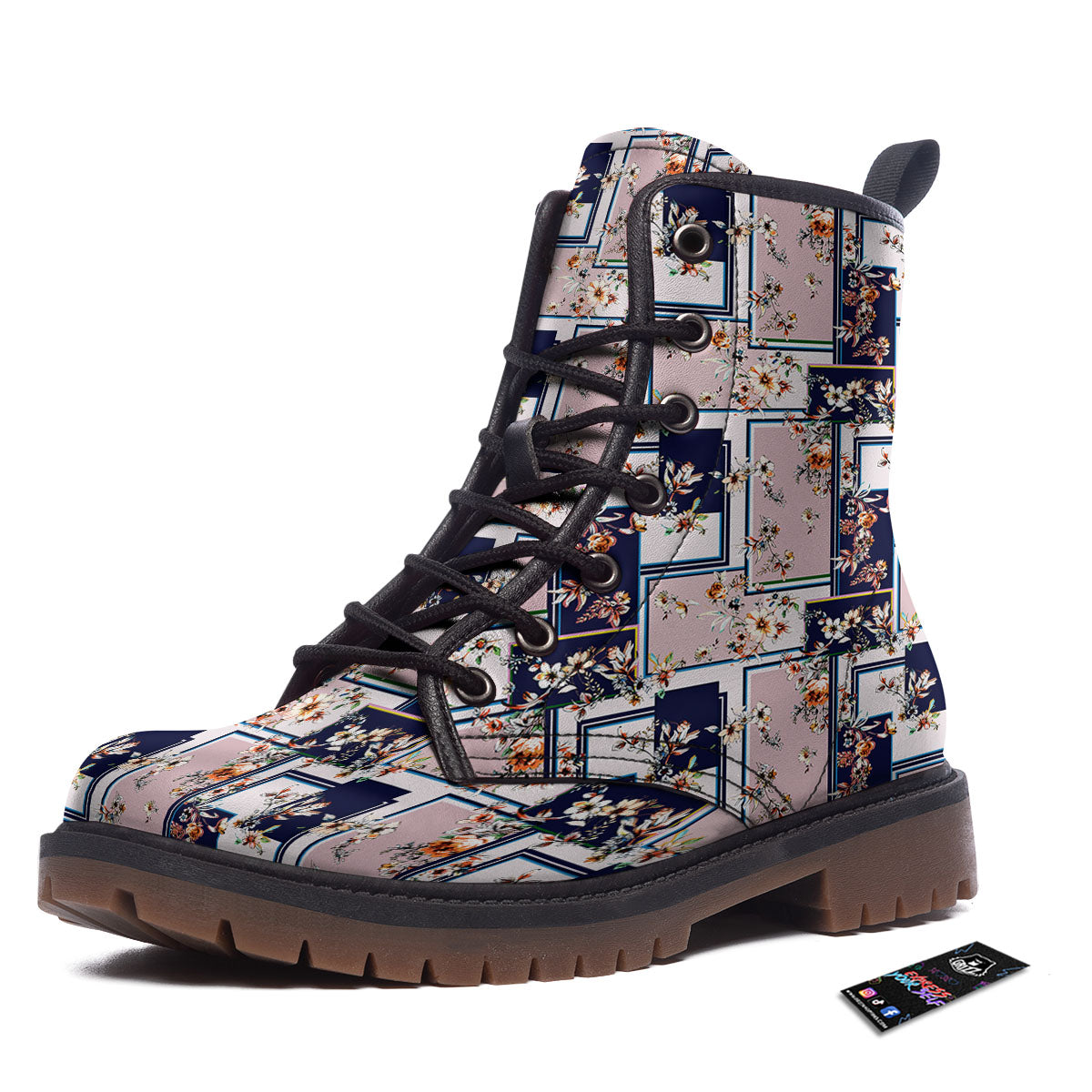 Patchwork Flower Vintage Print Pattern Work Boots-grizzshop