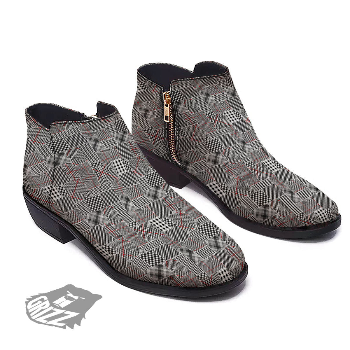 Patchwork Glen Plaid Print Pattern Ankle Boots-grizzshop