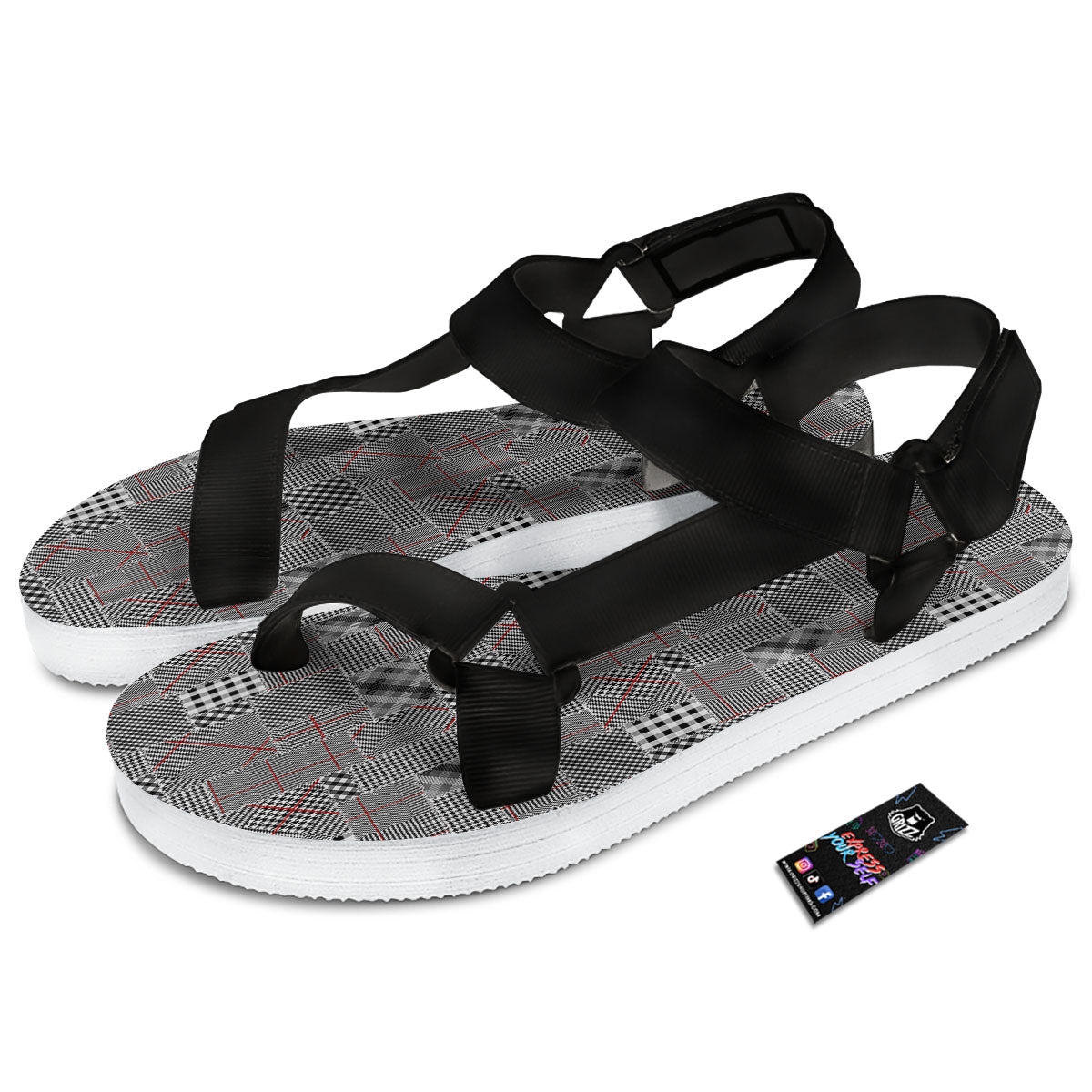 Patchwork Glen Plaid Print Pattern Black Open Toe Sandals-grizzshop