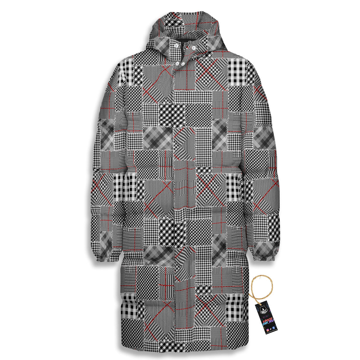 Patchwork Glen Plaid Print Pattern Long Down Jacket-grizzshop