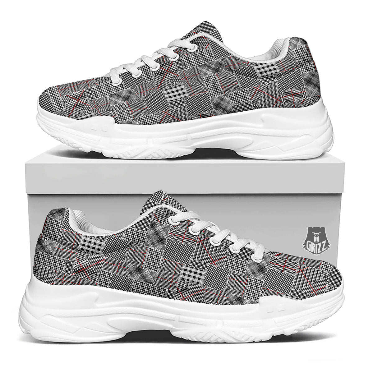 Patchwork Glen Plaid Print Pattern White Chunky Shoes-grizzshop
