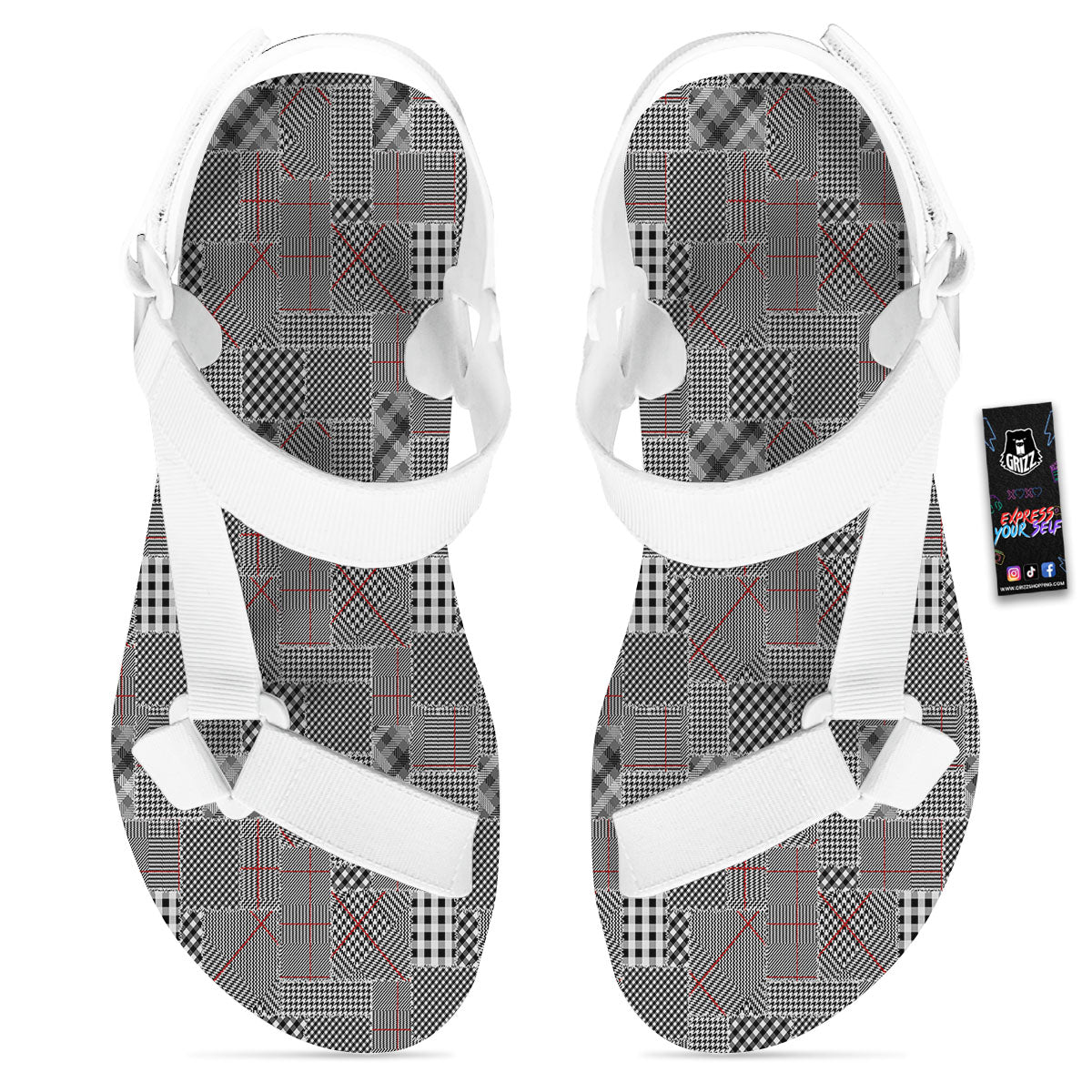 Patchwork Glen Plaid Print Pattern White Open Toe Sandals-grizzshop