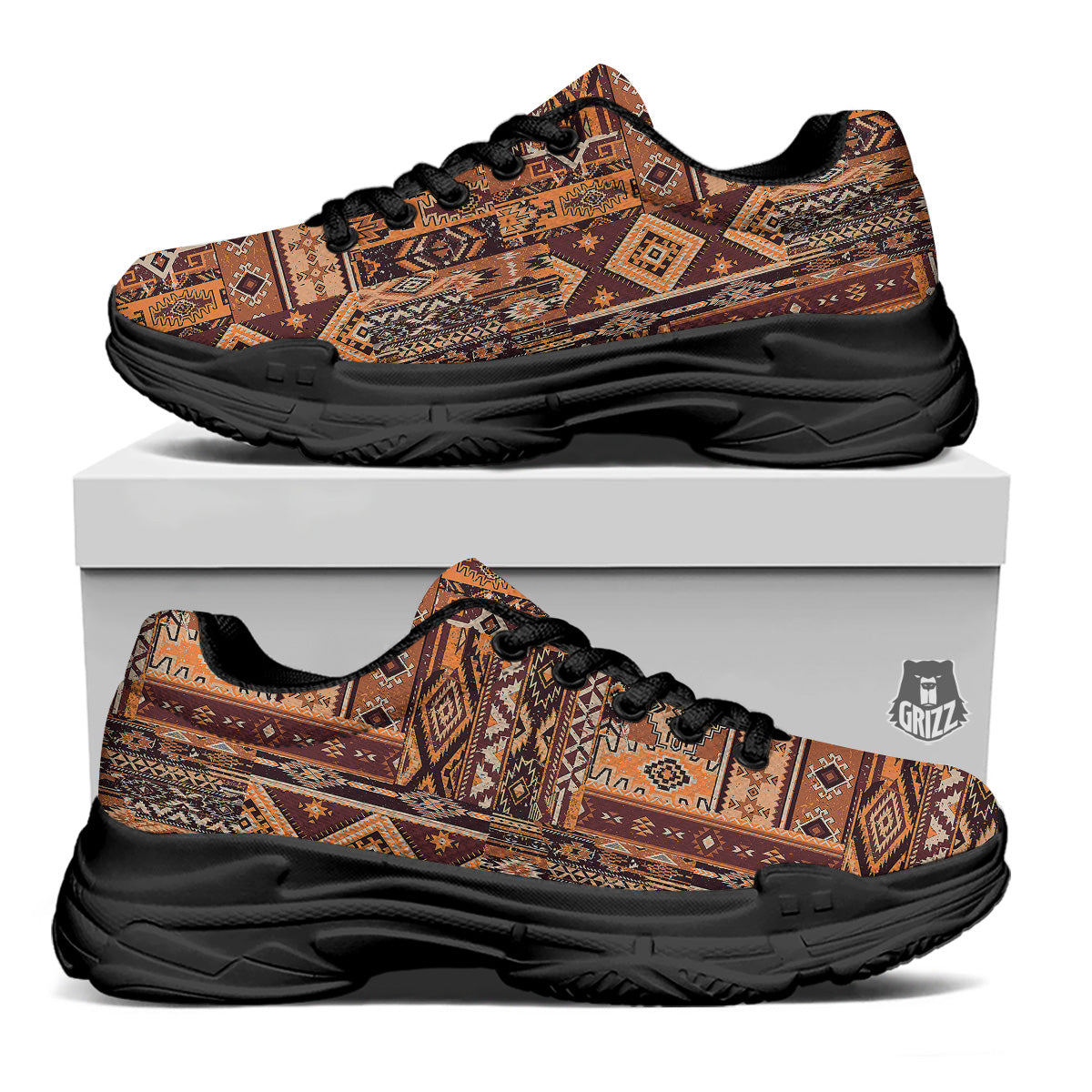 Patchwork Grunge Native American Print Pattern Black Chunky Shoes-grizzshop