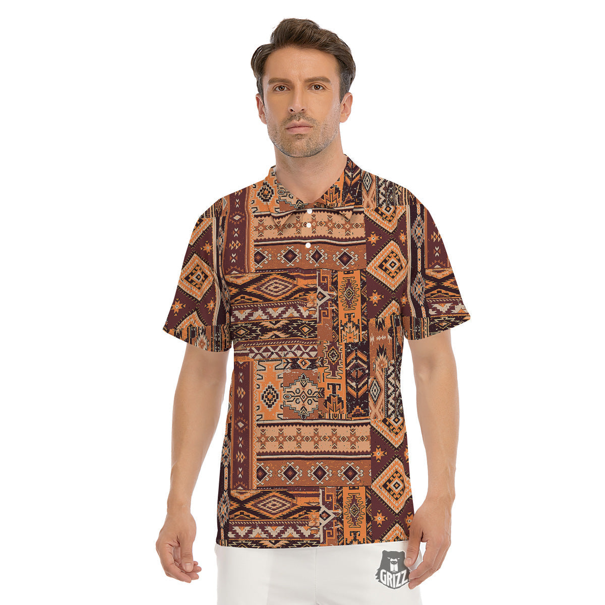 Patchwork Grunge Native American Print Pattern Men's Golf Shirts-grizzshop