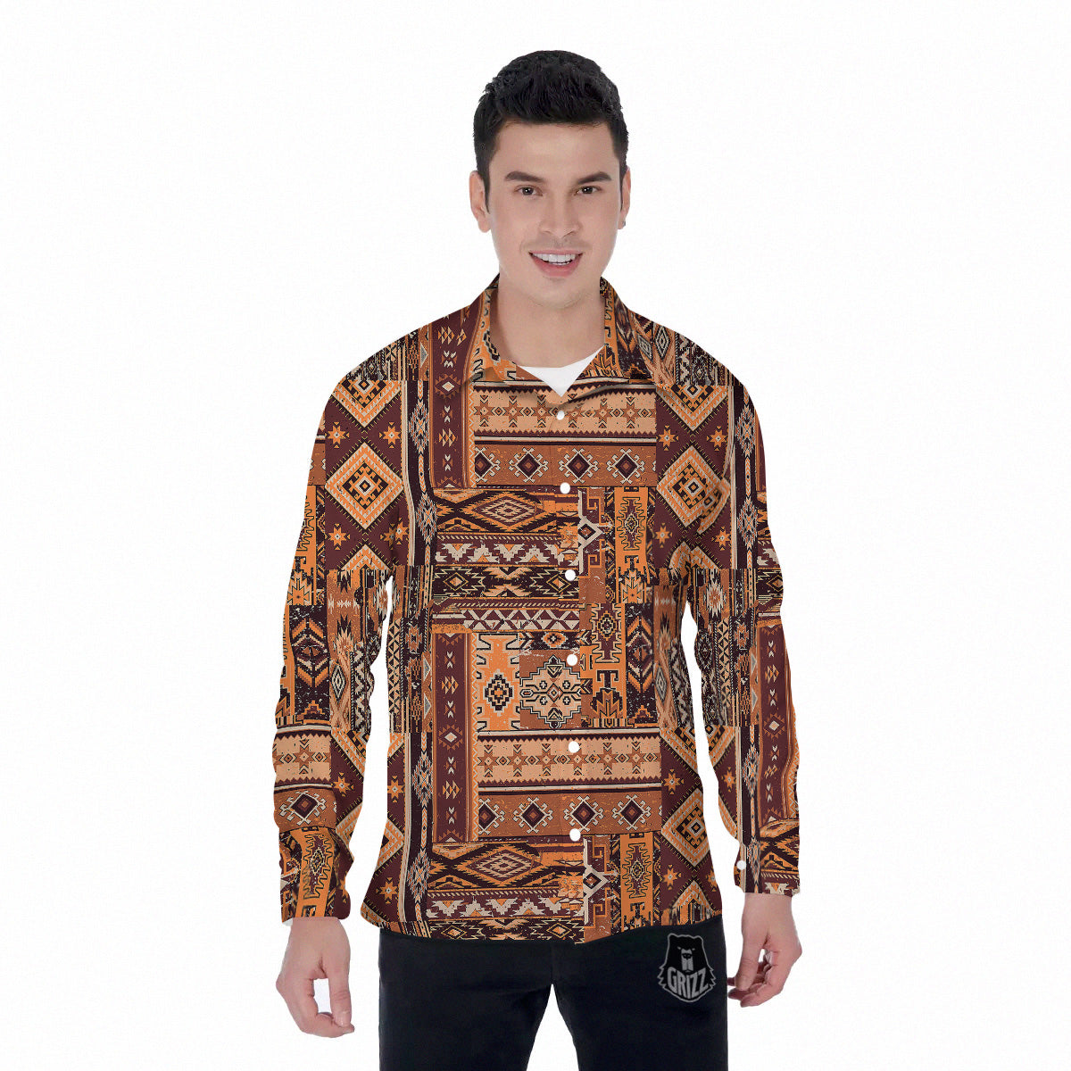 Patchwork Grunge Native American Print Pattern Men's Long Sleeve Shirts-grizzshop
