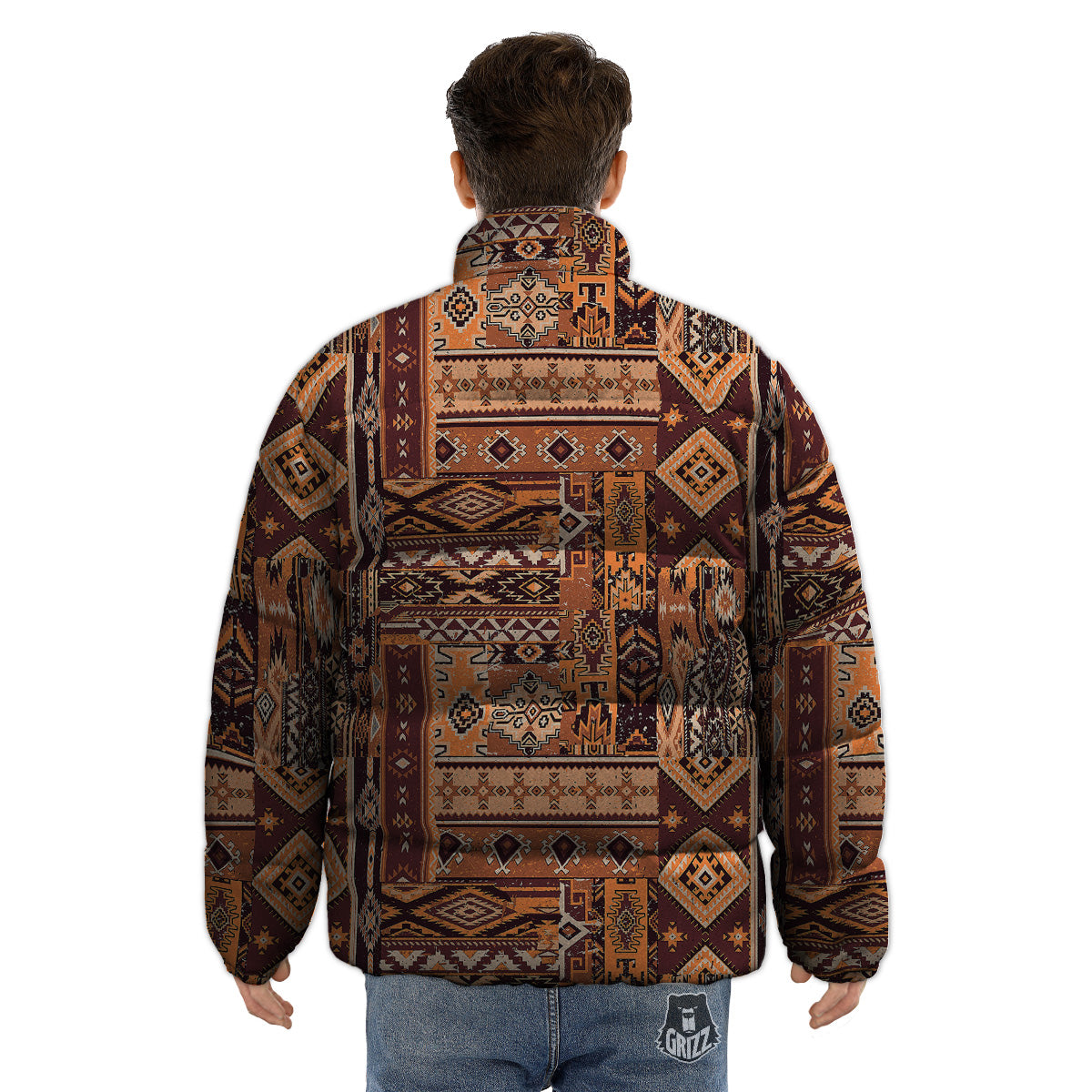 Patchwork Grunge Native American Print Pattern Puffer Jacket-grizzshop